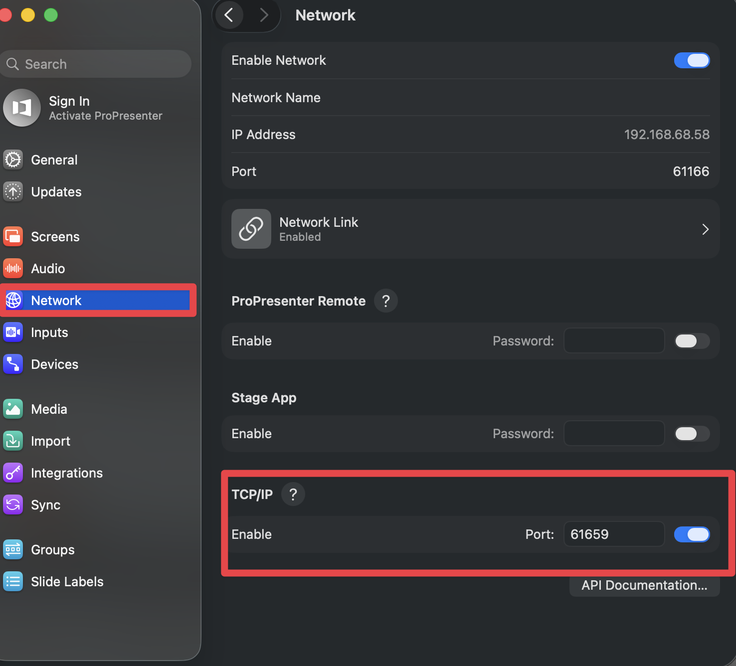 ProPresenter Network API Settings